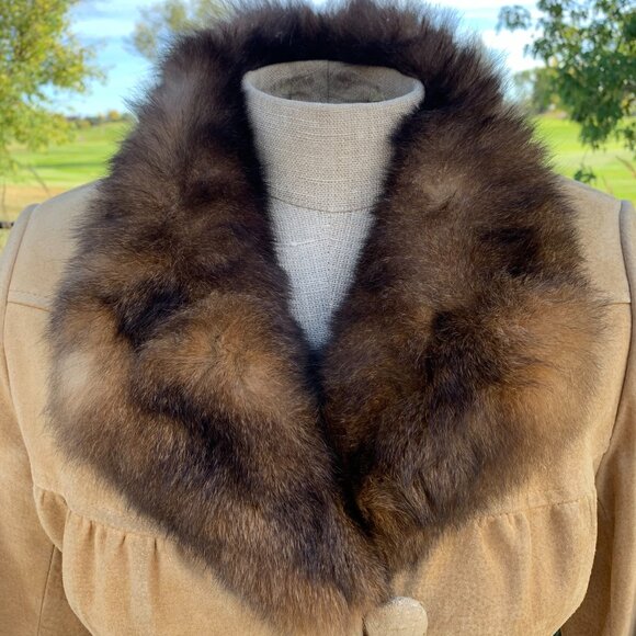 Vintage Sears Suede Real Fur Collar Belted Long Penny Lane Overcoat Trench Coat - Picture 3 of 16